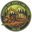 Logo for Splendora Dirt Works & Land Clearing, featuring an excavator, trees, and sun.