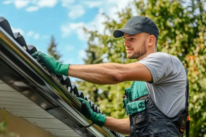 Professional roofer inspecting and cleaning roof gutters.