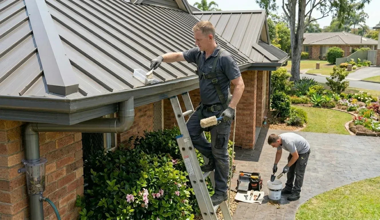 Technician on ladder cleaning residential roof gutters.