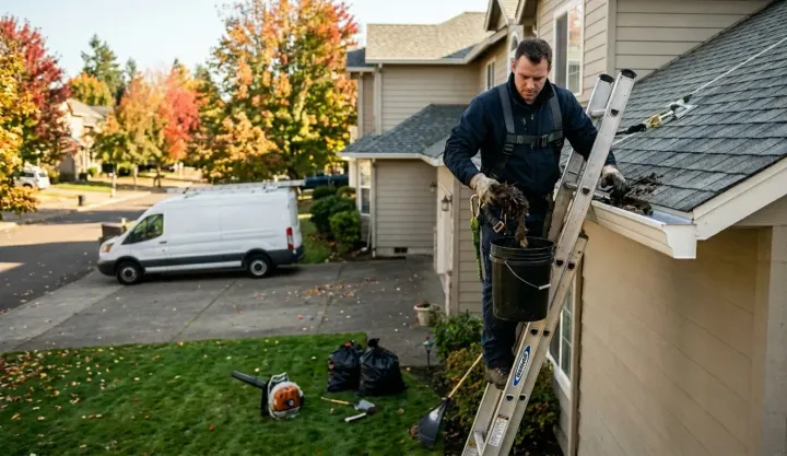 Worker on ladder removing leaves from house gutters in autumn.