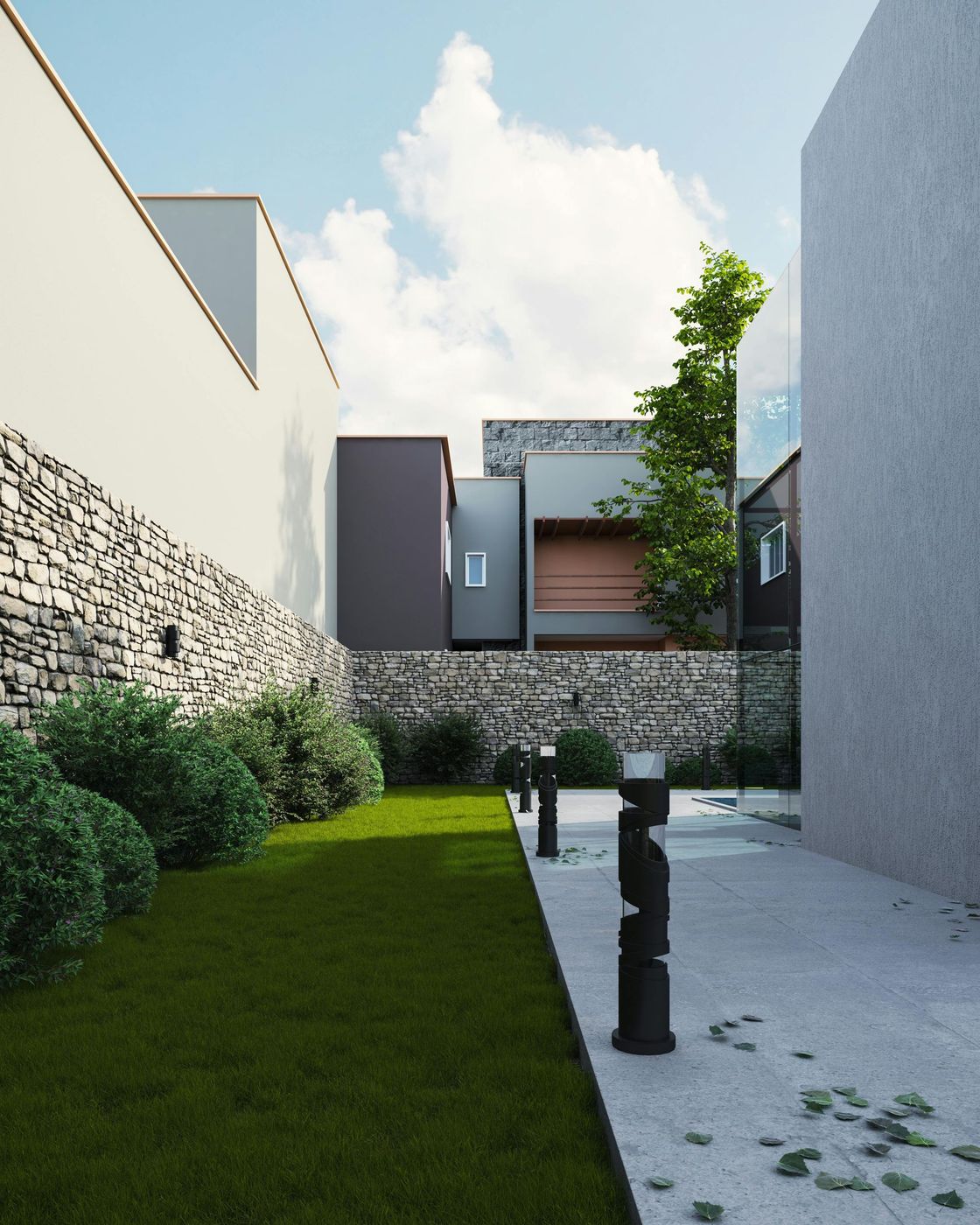 An image of a finished sidewalk construction, an asphalted road, and a portion of a stone-paved side.