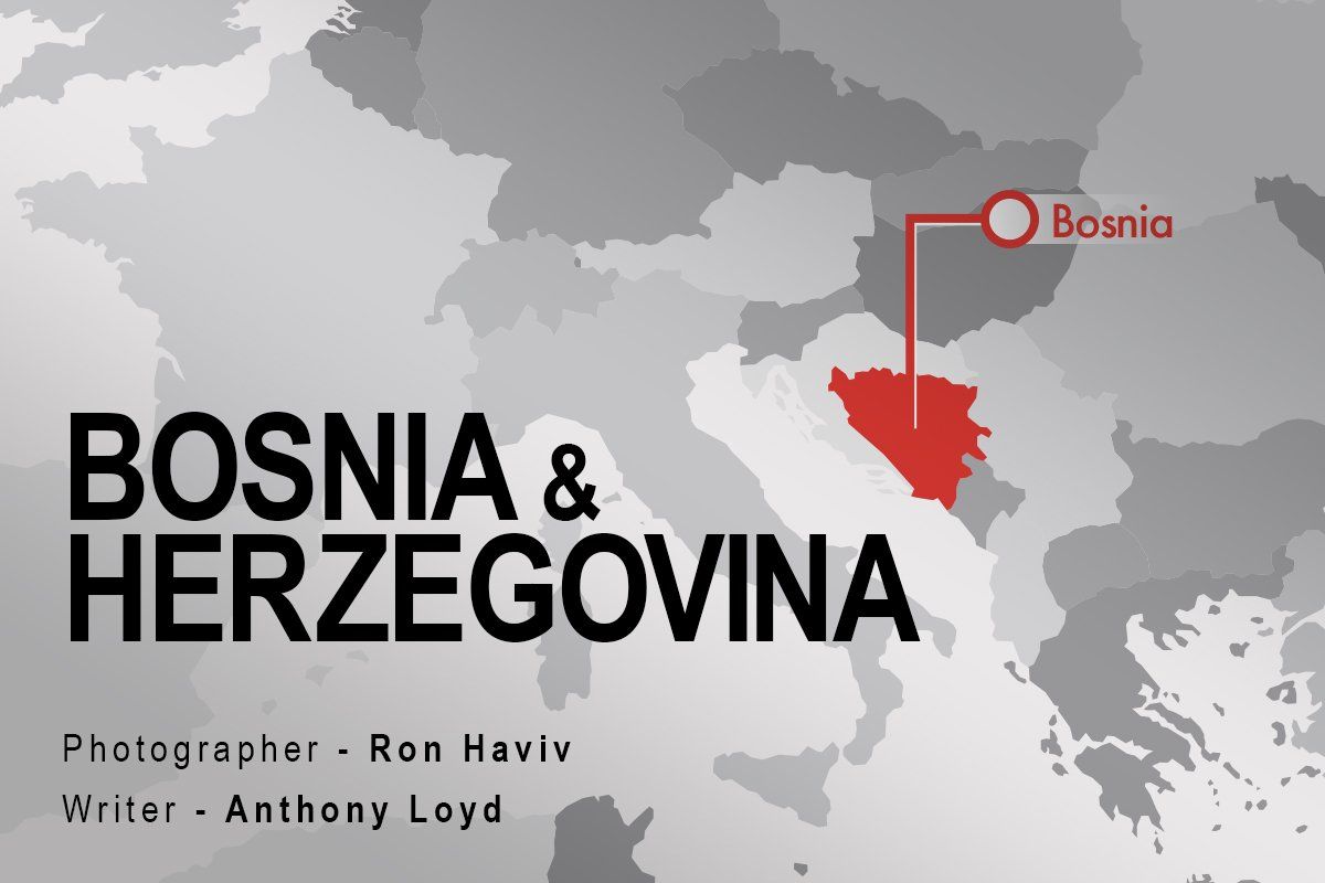 The peace project: A black and white map pointing to Bosnia, which is highlighted in red