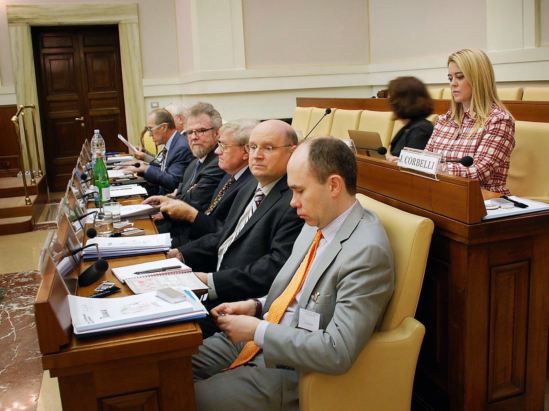 A group of people are sitting at a table in a room with a woman sitting at a podium with a name tag on it