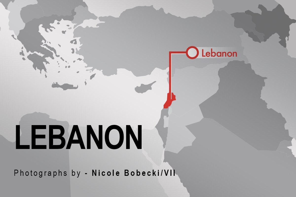 The Peace Project: A black and white map pointing to Lebanon which is highlighted in red.