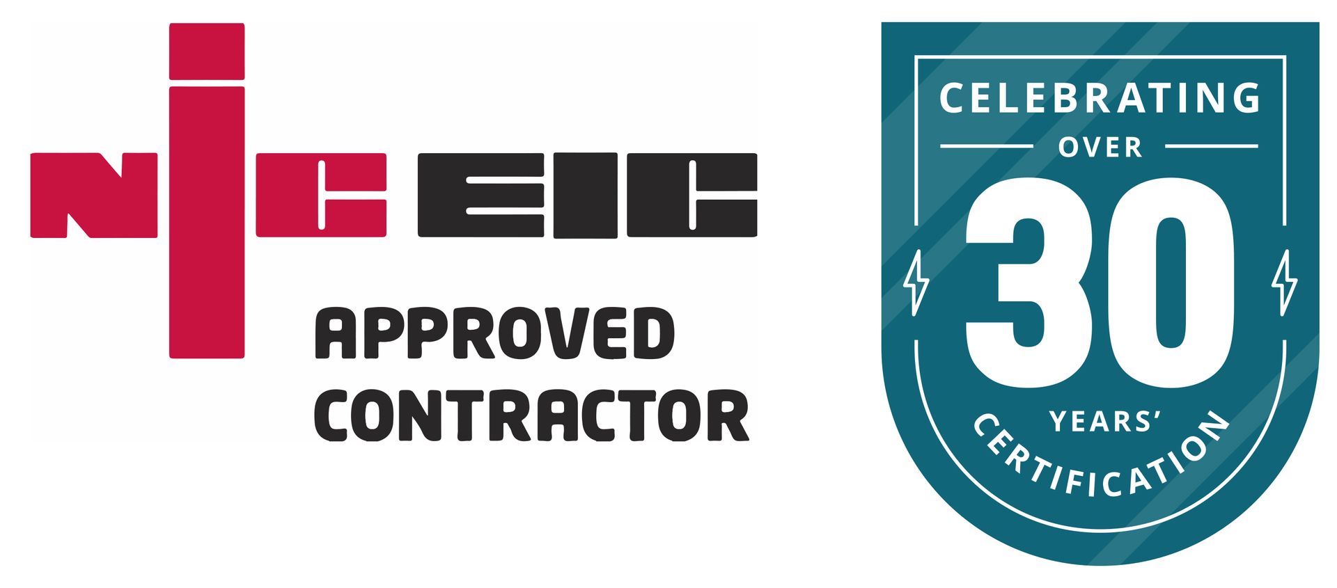 NICEIC Approved Contractor logo alongside a badge celebrating over 30 years of certification.