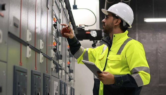 A technician in a high-visibility jacket and hard hat uses a tablet while inspecting electrical switchgear panels.