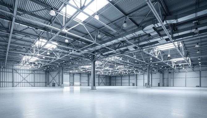 An empty, modern warehouse with high ceilings, industrial steel beams, white walls, and bright overhead lighting.