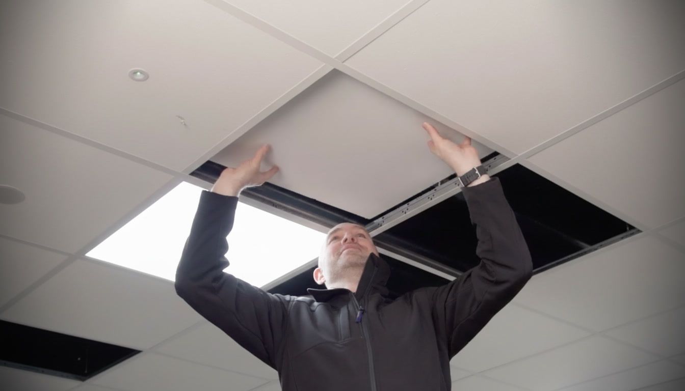 A person in a dark jacket lifts a square ceiling tile to reveal the space above a drop ceiling.