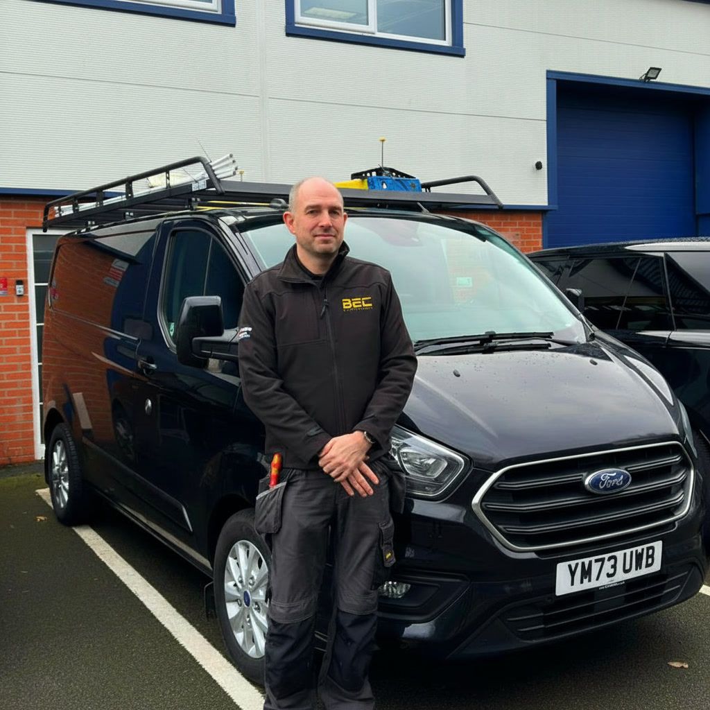 A person uses a yellow multimeter to test electrical wiring inside a wall-mounted panel.
