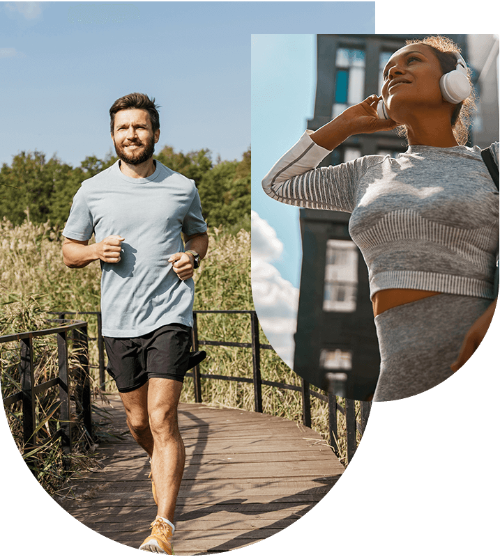 Man running and woman with headphones, showing benefits of hyperhidrosis injections at Hampstead Clinic