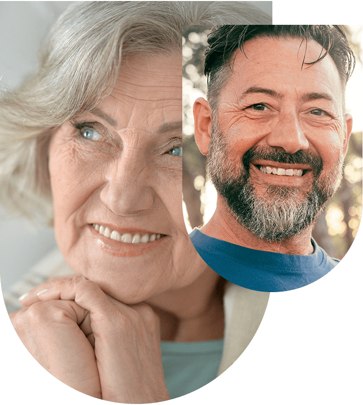 Older lady and man smiling, highlighting the benefits of full arch implants at Hampstead Clinic