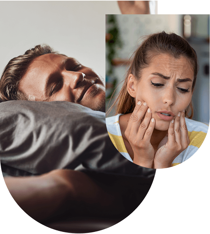 Lady in discomfort and a peaceful man resting, illustrating facial pain and bruxism treatments at Hampstead Clinic