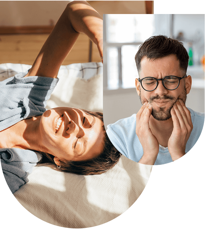 Man in discomfort and a happy person, illustrating solutions for facial pain and bruxism at Hampstead Clinic