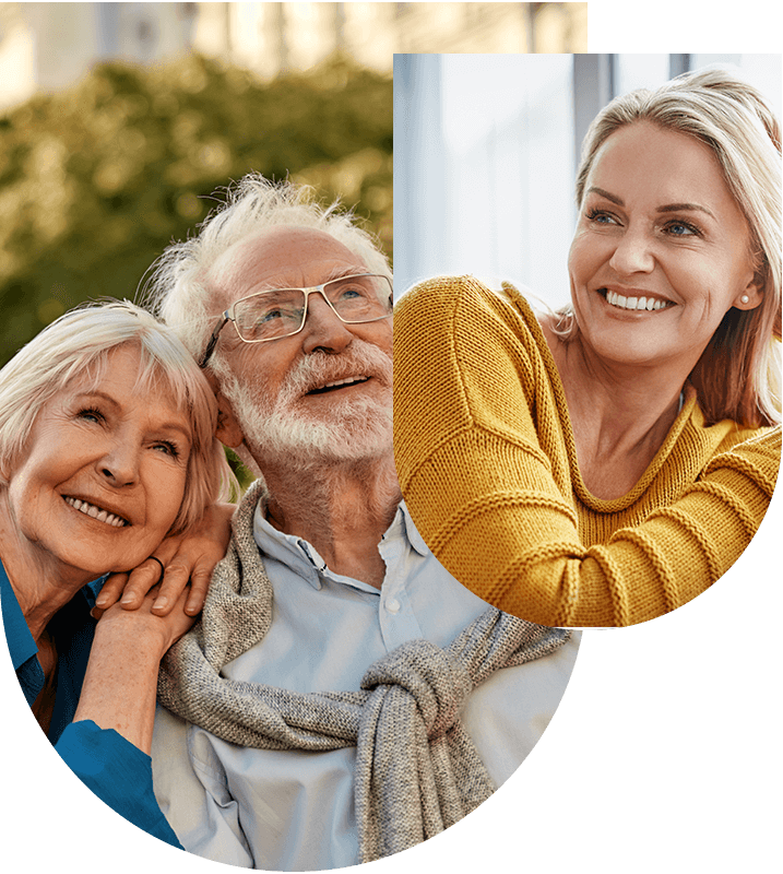 Smiling older couple and woman, showcasing dental crowns for restoration and aesthetics at Hampstead Clinic