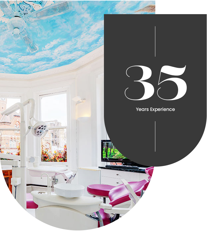 Interior of Hampstead Clinic with dental chair and unique ceiling painting, also showcasing 35 years of experience