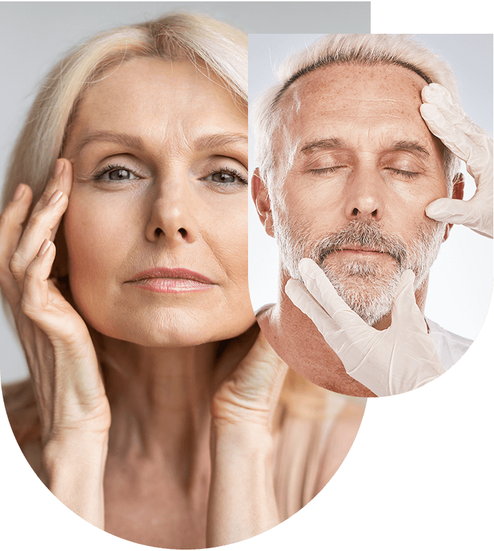 Woman touching her face and a man receiving treatment, showcasing facial fine line reduction at Hampstead Clinic