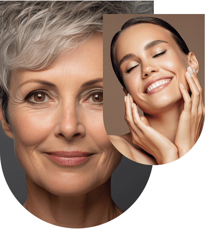 Woman smiling and another woman touching her face, showcasing fine line reduction benefits at Hampstead Clinic