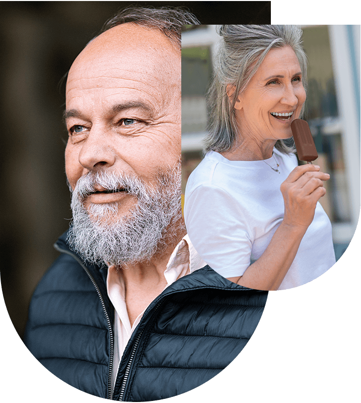 Older man smiling and woman about to eat ice cream, showing benefits of full arch implants at Hampstead Clinic