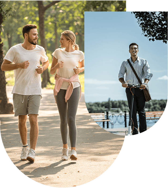 Man and woman post-run, and man on a scooter, showing hyperhidrosis treatment benefits at Hampstead Clinic