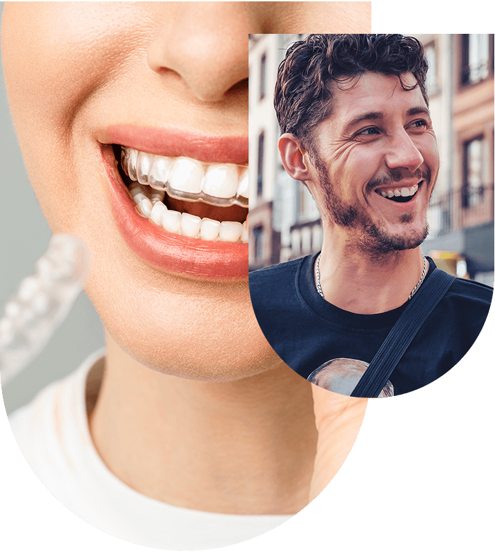 Lady using Invisalign and a man showing results, highlighting Invisalign treatment at Hampstead Clinic