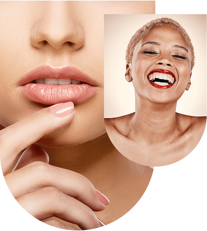 Smiling woman and woman touching her lip, illustrating who can benefit from lip enhancements at Hampstead Clinic