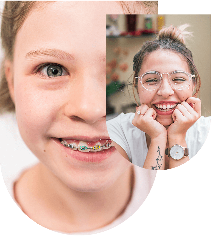 Young child with braces and woman with glasses smiling, showcasing orthodontic options at Hampstead Clinic