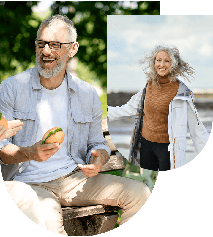 Older man with a sandwich and smiling woman, highlighting the natural look of porcelain veneers at Hampstead Clinic