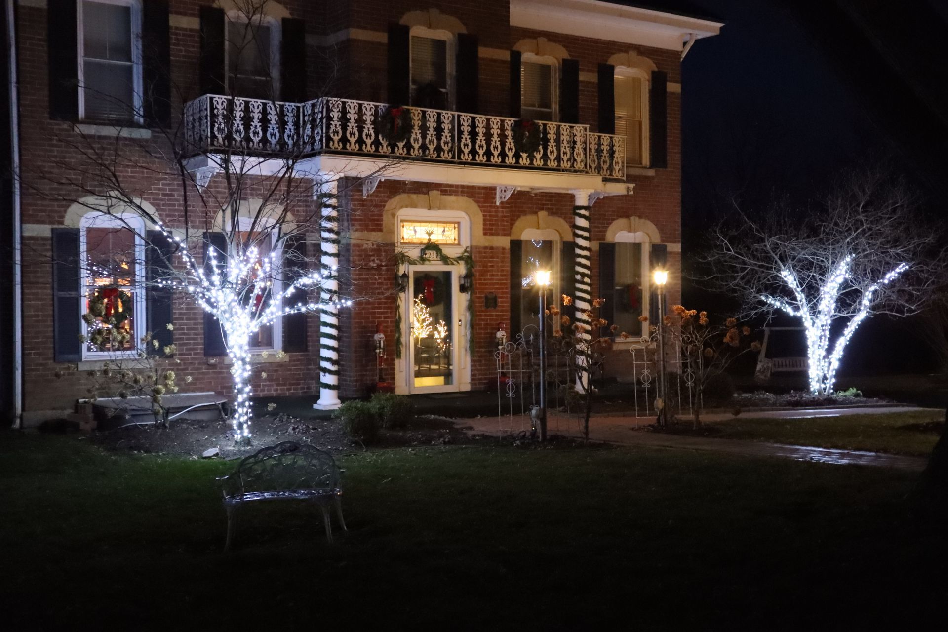 Outside of Cloran Mansion lit up for Christmas