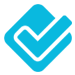A blue check mark with a white outline on a white background.