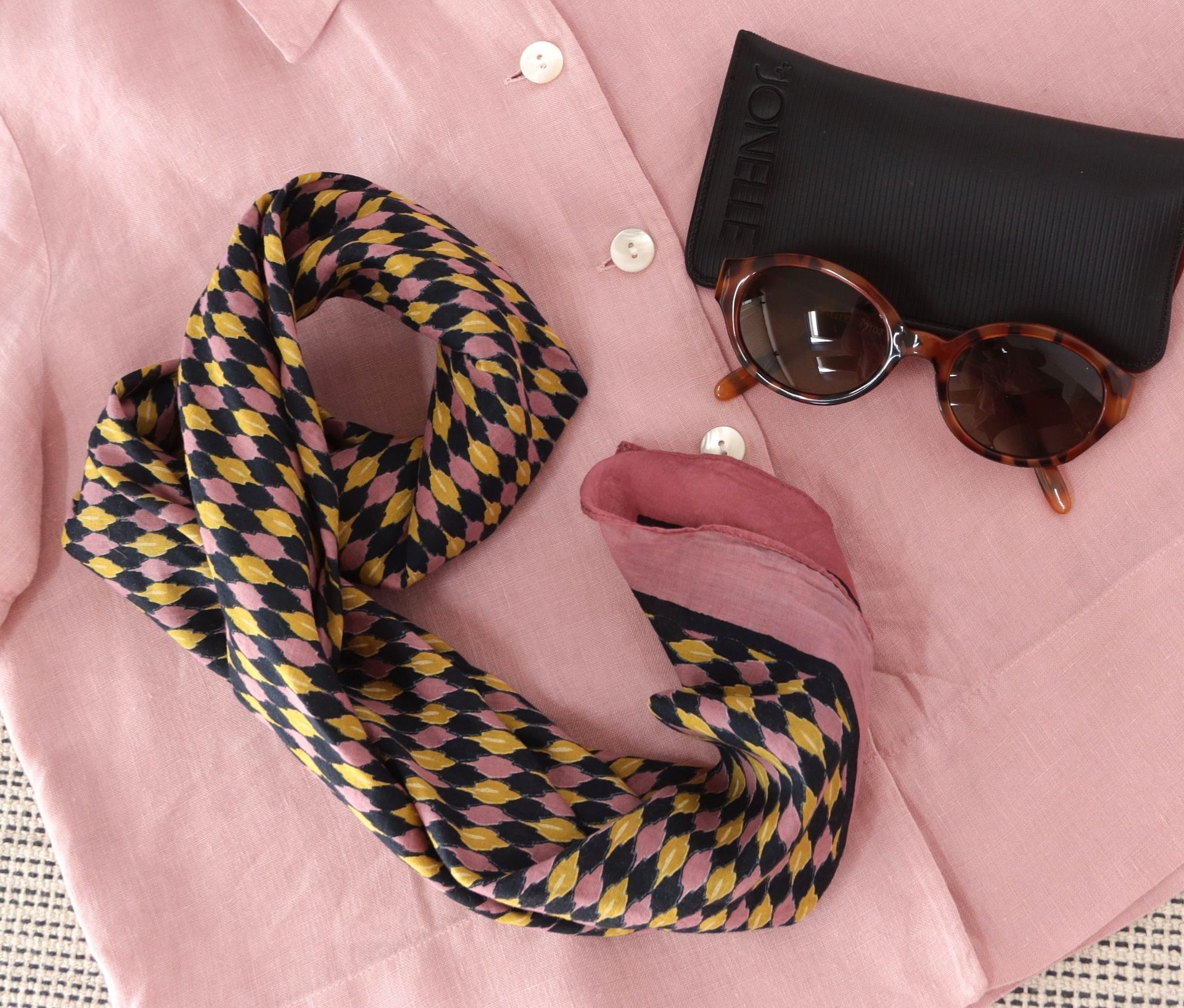 French Connection scarf, Marilyn Anselm blouse, Jonelle sunglasses