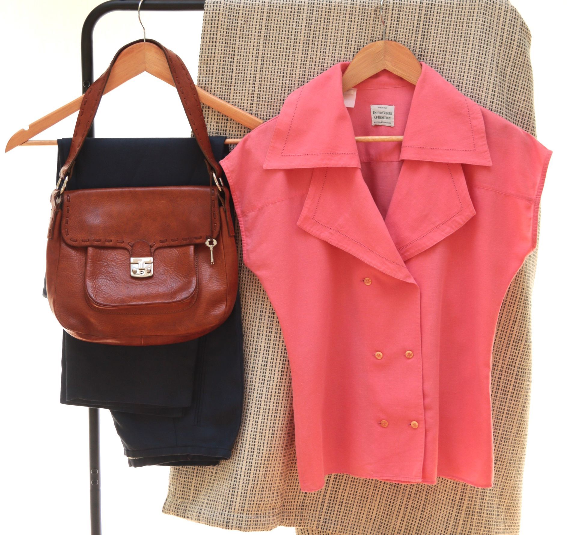 Benetton sailor-look blouse.  French connection saddle bag.  Patsy Seddon linen trousers.