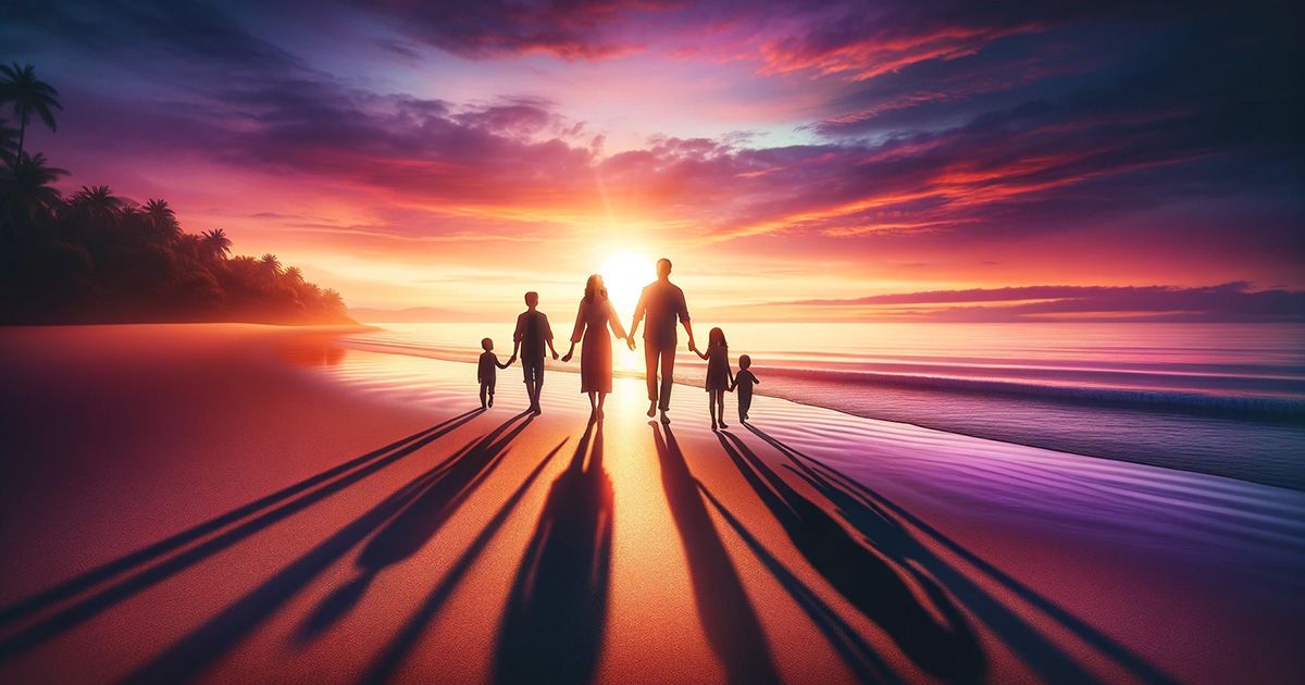 a family is walking on the beach at sunset holding hands .