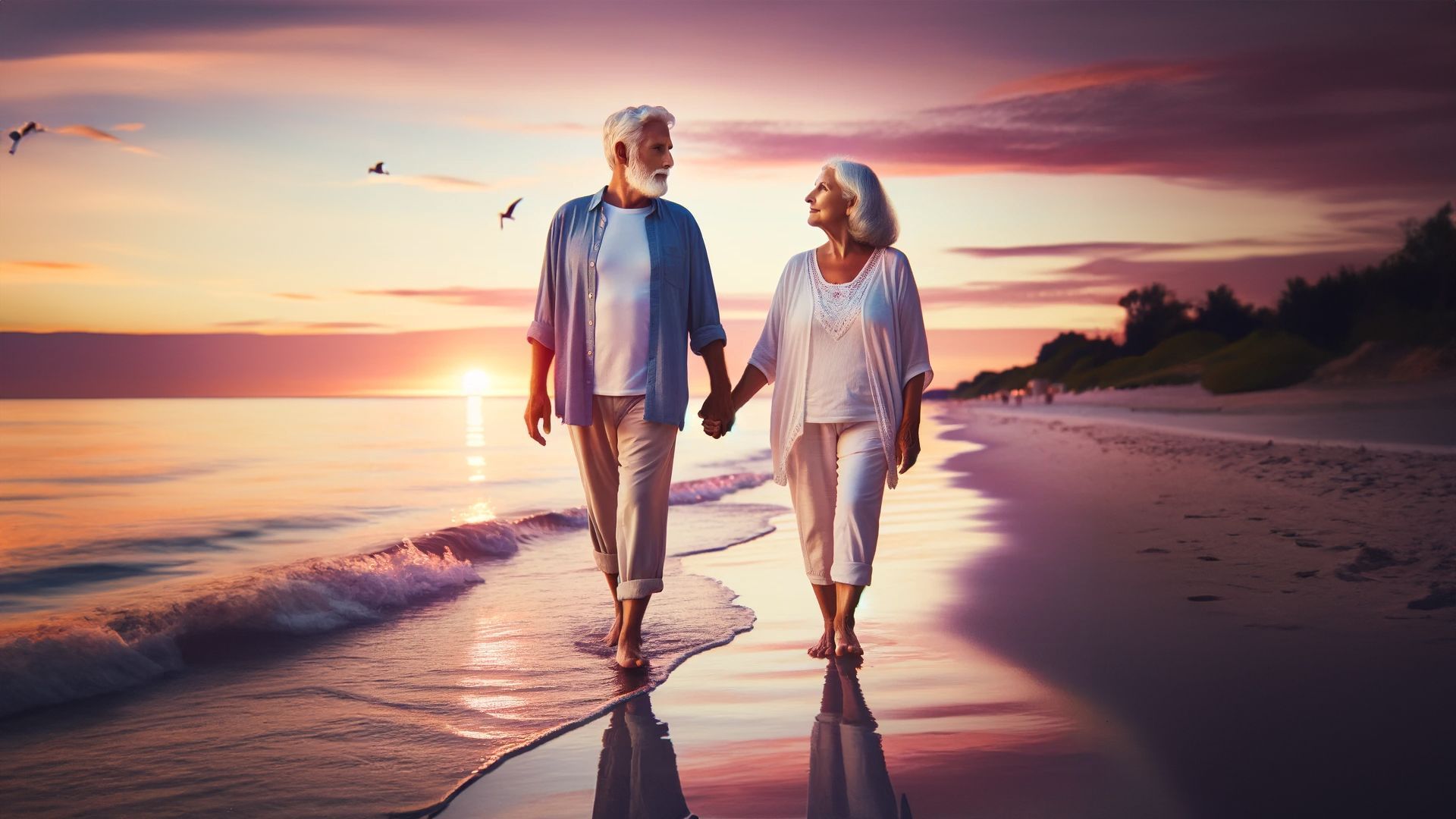 an elderly couple is walking on the beach at sunset holding hands .