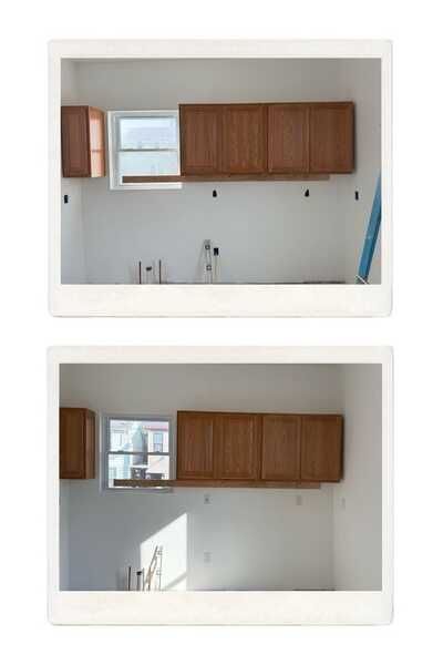Two polaroid photos of a kitchen under construction with brown cabinets and a window. White walls and sunlight.