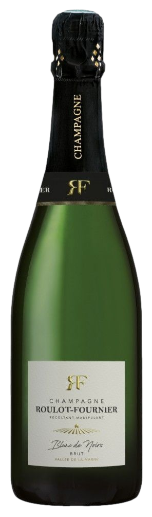 Une bouteille de champagne avec une étiquette blanche sur fond blanc.