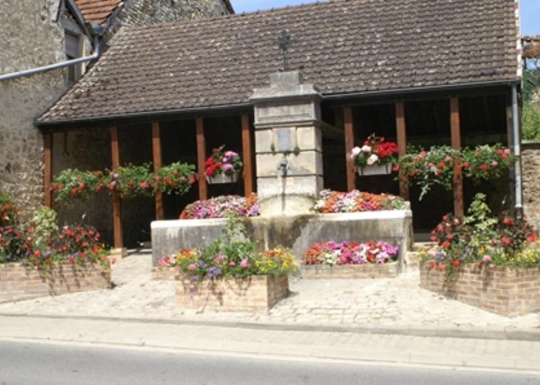 Une fontaine devant un bâtiment avec des fleurs devant.