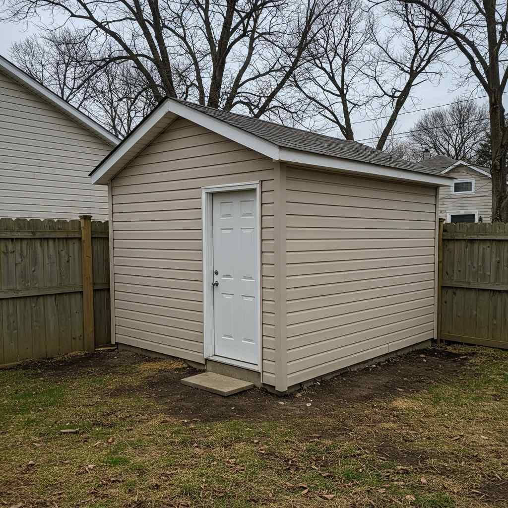 A small shed in the backyard of a house next to a wooden fence.