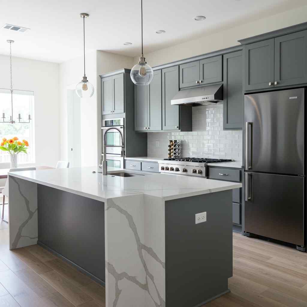 A kitchen with gray cabinets , white counter tops , stainless steel appliances and a large island.