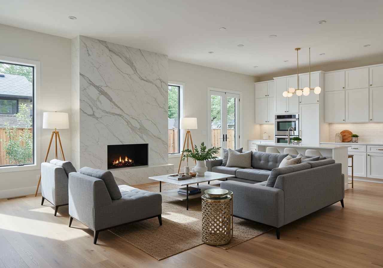 A living room filled with furniture and a fireplace.