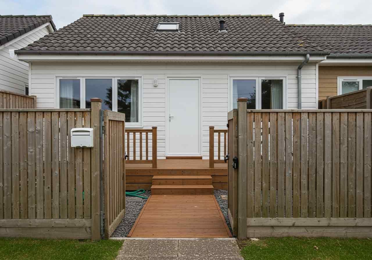 A white house with a wooden fence around it