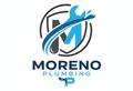 Moreno Plumbing logo: blue wrench, water splash, and letter M inside a shield; company name below.