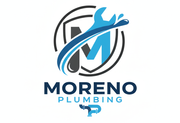Moreno Plumbing logo: blue wrench, water splash, and letter M inside a shield; company name below.