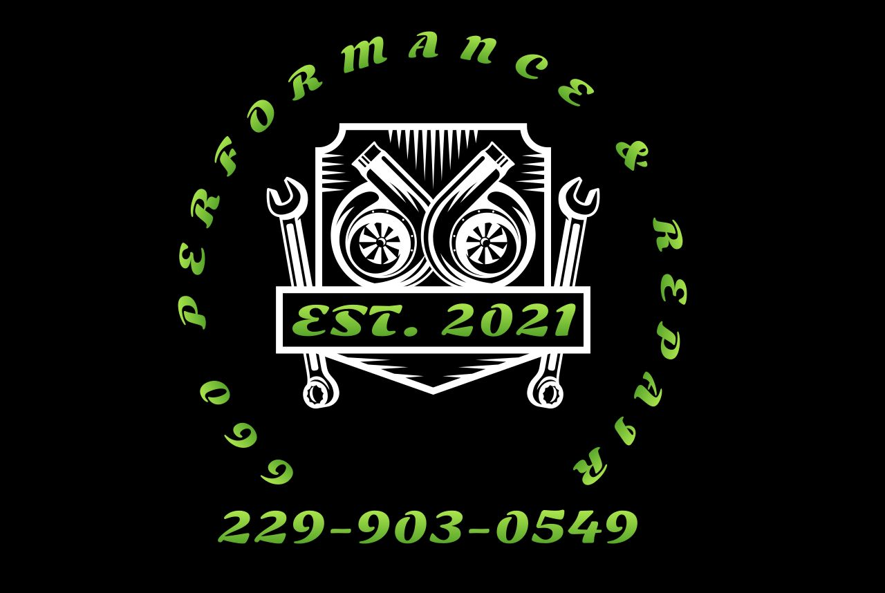 Logo for Go Go Performance & Repair. Black background, green text, wrench, and turbo graphics. Established 2021.