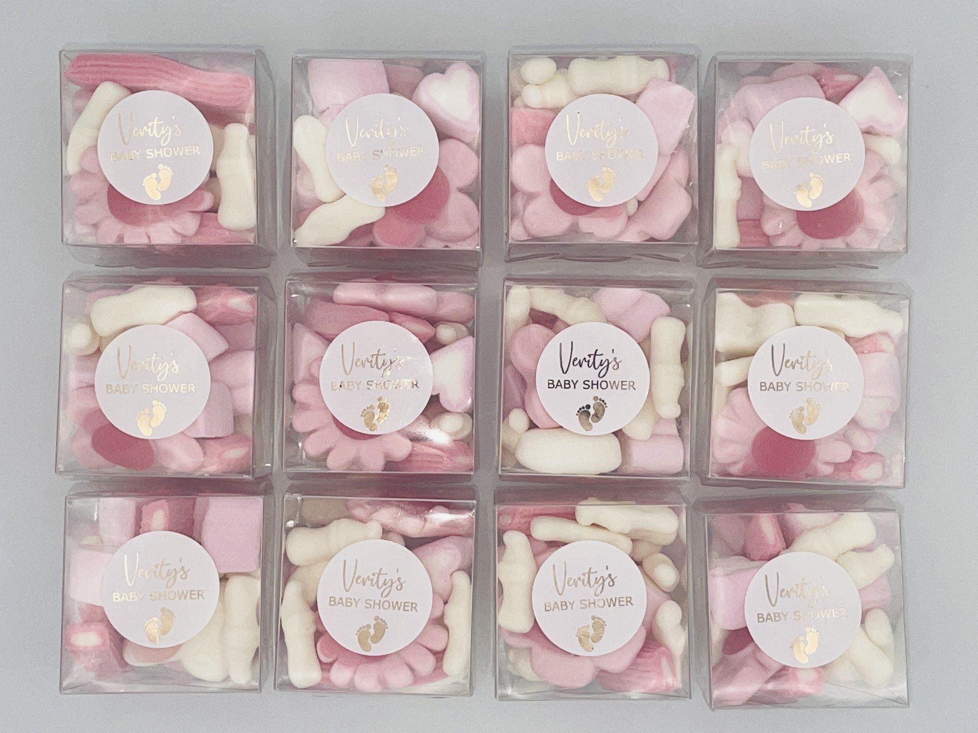 There are many different types of candy in these boxes.