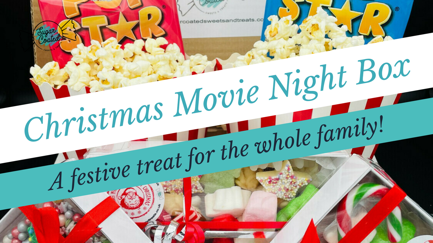 Christmas Movie Night Box with popcorn and festive treats.