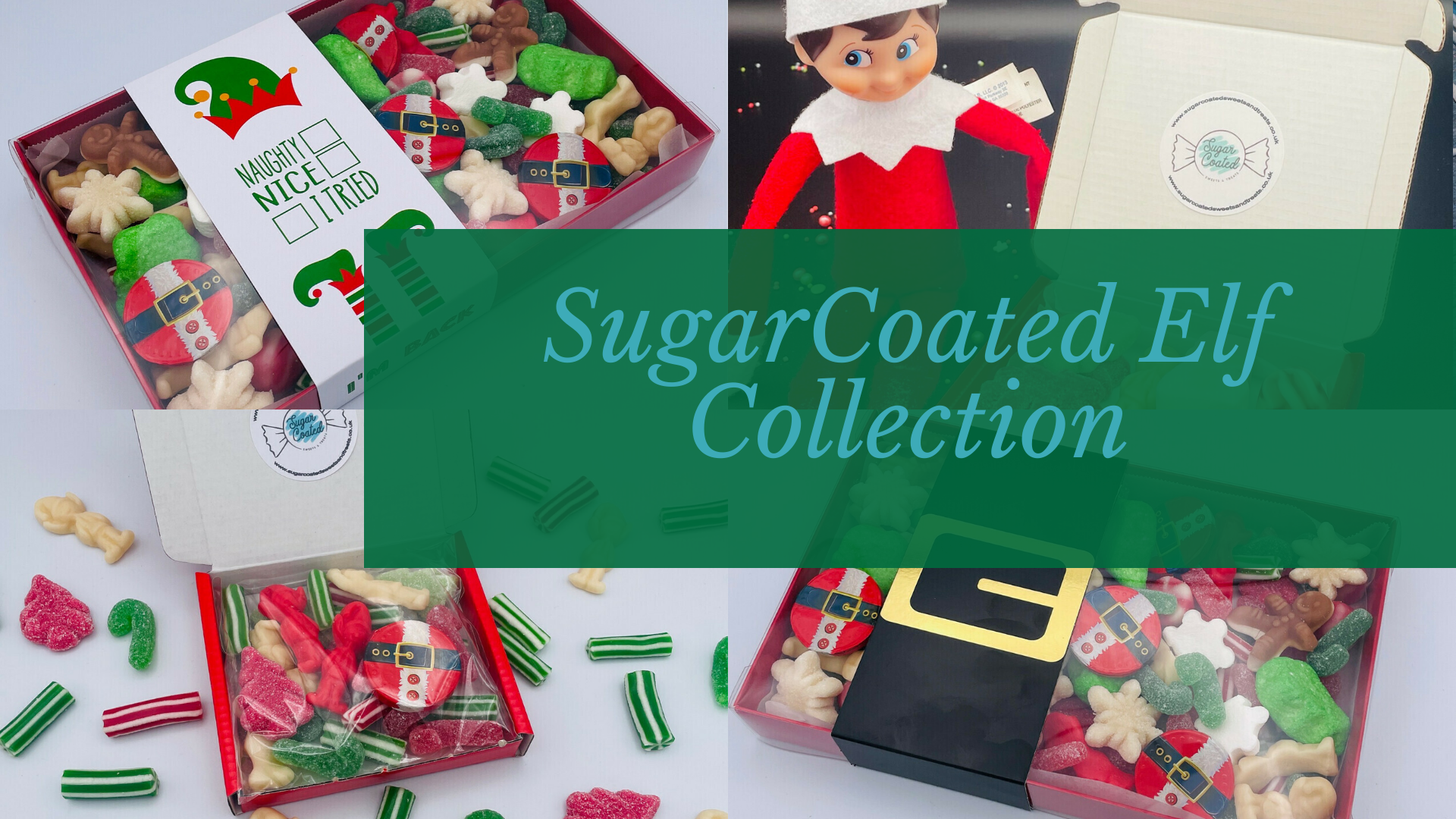Sugar coated elf collection: candies in boxes with elf, Santa, and other Christmas shapes.