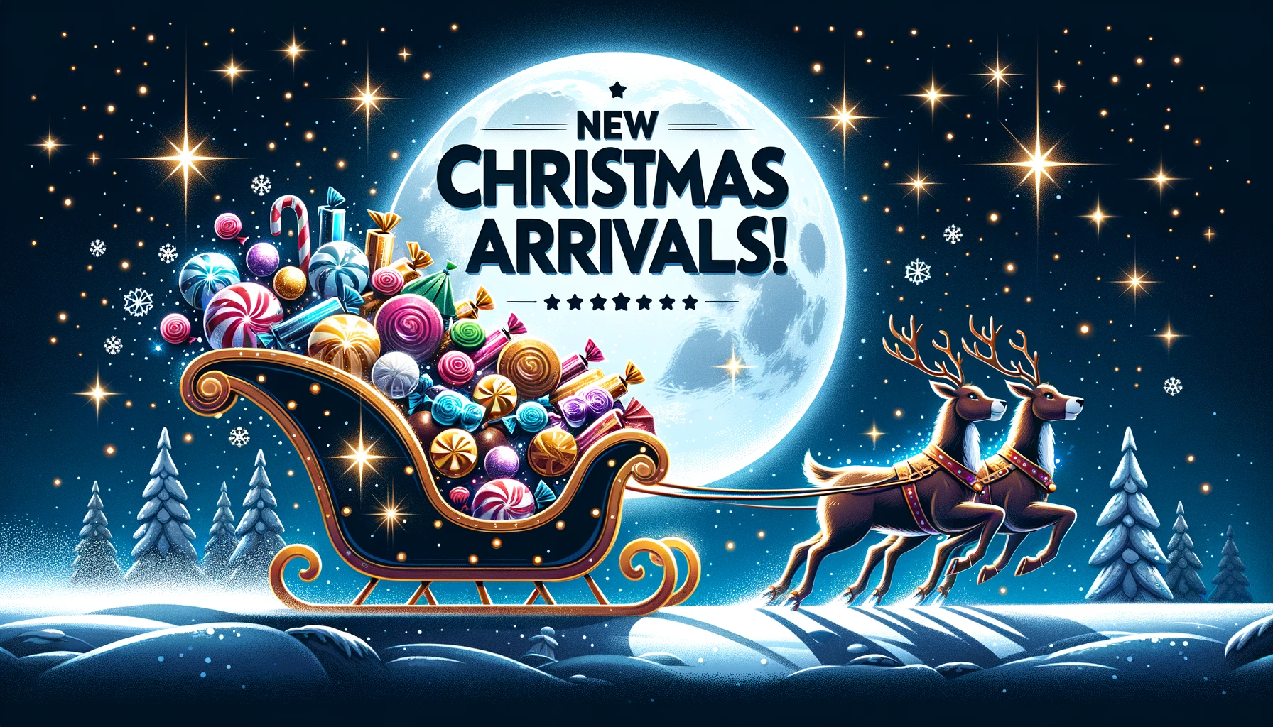 Christmas sleigh filled with gifts, pulled by two reindeer under a full moon, text 