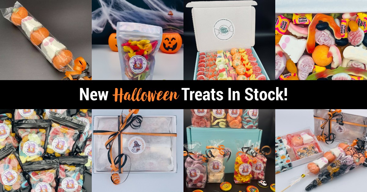 Halloween treats in various packaged arrangements.