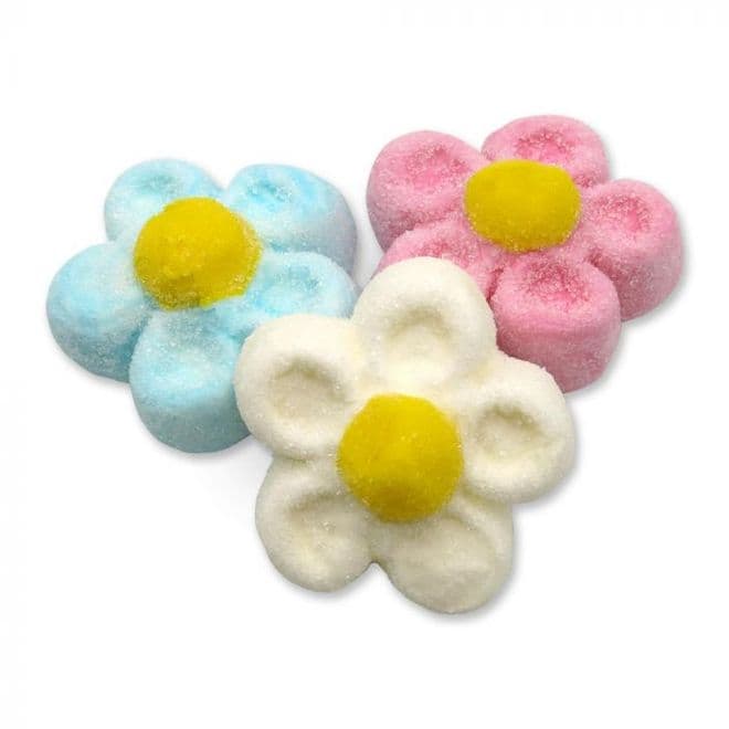 Three different colored marshmallow flowers with a yellow center
