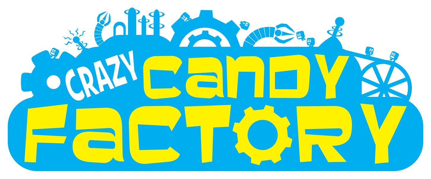 a blue and yellow logo for crazy candy factory